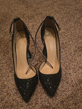 Betsey Johnson Black Glitter Pointed Toe Ankle Strap Heels
